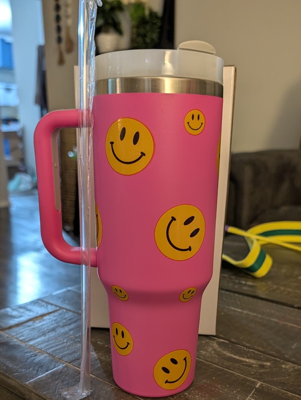 Pink Smiley Face 40oz Insulated Travel Tumbler Handle Straw Cup NWT